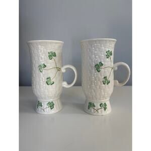 Set Of 2 Belleek Pottery Shamrock Irish Coffee Mug Mugs Ireland Basketweave